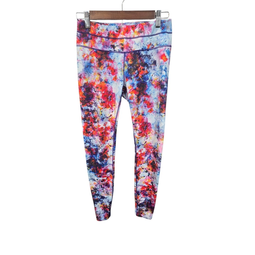 Athleta Leggings Womens S Multi Color Abstract Floral Print Back Zip Pocket Yoga